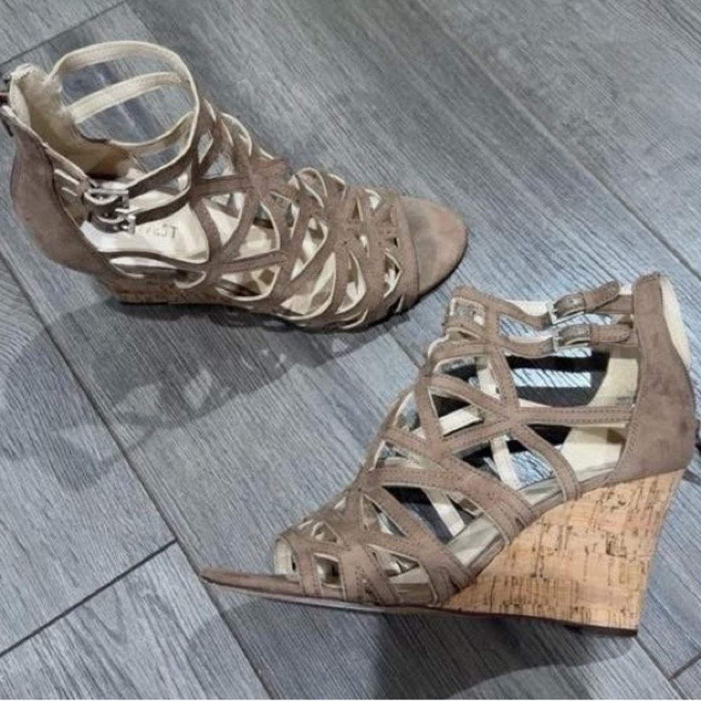 Nine West Taupe Strappy Wedge Sandals